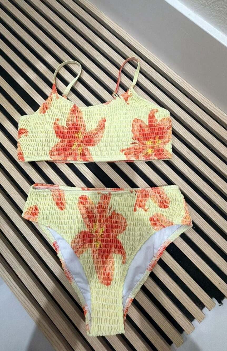 Floral Print Smocked Cami Bikini Set Yellow Orange Lily